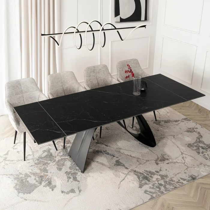 St&oacute;ł Rozkładany Prostokątny DEVON 160-220 cm Ceramiczny Czarny Marmur/Czarny Nowoczesny