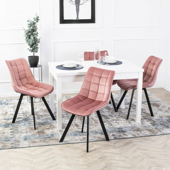 Zestaw Stół Rozkładany Prostokątny SKUBI Biały i 4 Krzesła Tapicerowane K332 Różowe Welurowe
