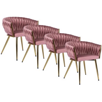 Zestaw 4x Krzesło Tapicerowane Plecione do Salonu CAPRI Różowe Welurowe Nowoczesne Glamour