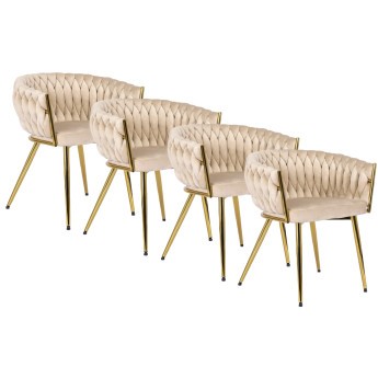 Zestaw 4x Krzesło Tapicerowane Plecione do Salonu CAPRI Kremowe Welurowe Nowoczesne Glamour
