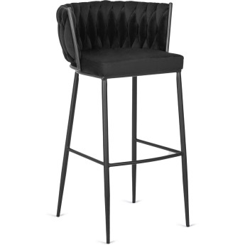 Krzesło Barowe Tapicerowane Plecione Hoker FLORES Czarne Welurowe Nowoczesne Loft