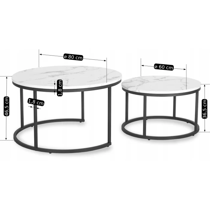 Zestaw Stolików Kawowych DAFNE MAX 60 cm/80 cm Biały Marmur Nowoczesny Glamour