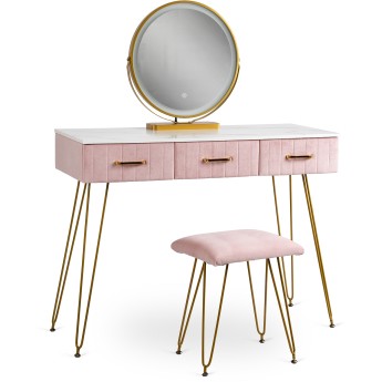 Toaletka z Lustrem SANDY z Oświetleniem LED i Taboretem Różowa/Złota Kosmetyczna Nowoczesna Glamour