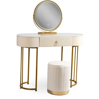 Toaletka z Lustrem ASHLEY z Oświetleniem LED i Pufą Beżowa/Złota Kosmetyczna Nowoczesna Glamour