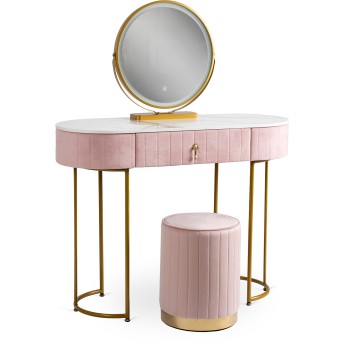 Toaletka z Lustrem ASHLEY z Oświetleniem LED i Pufą Różowa/Złota Kosmetyczna Nowoczesna Glamour
