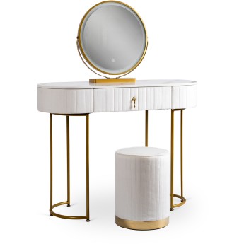 Toaletka z Lustrem SARAH z Oświetleniem LED i Pufą Biała/Złota Kosmetyczna Nowoczesna Glamour