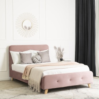 Łóżko Tapicerowane ze Stelażem 120x200 cm Jednoosobowe MIKEL Welurowe Różowe Nowoczesne